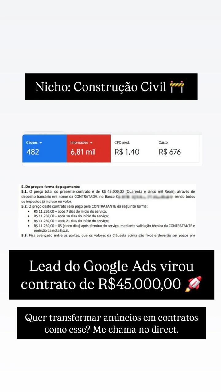 Construção Civil - R$ 676 investidos no Google Ads geraram contrato de R$ 45.000